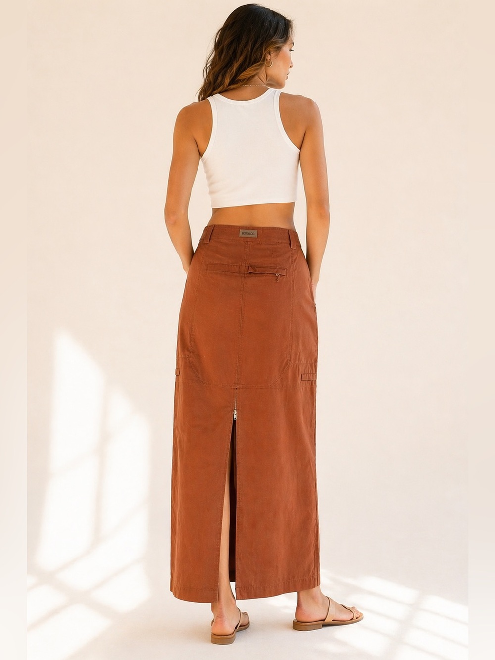 Y2K Utility Cargo Maxi Skirt Ramie Cotton Rust Editorial Sz 15